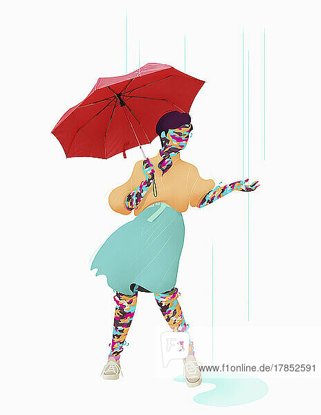 Bunte Frau unter Regenschirm im Regen