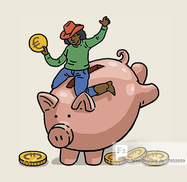 Rodeoreiterin auf Sparschwein mit Euro-Ersparnissen