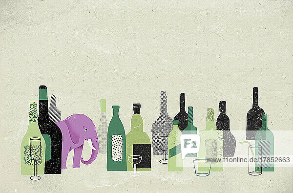 Rosa Elefant und Flaschen mit Alkohol