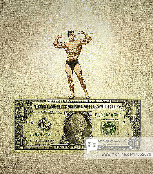 Bodybuilder posiert auf einer Dollar-Banknote
