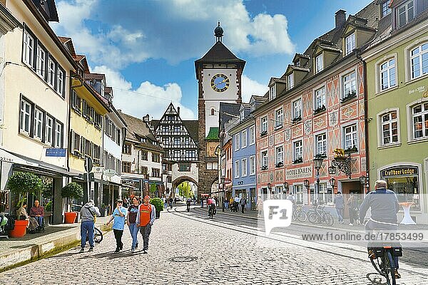 Freiburg  Germany  April 2022: Tower of old city gate called 'Schwabentor' in historic city center  Europe