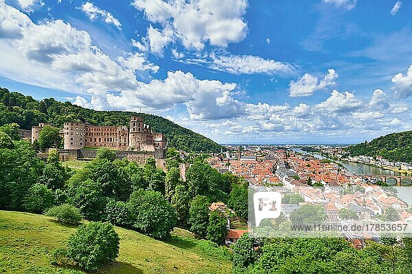 View on Heidelberg castle and old historic city center  Germany  Europe
