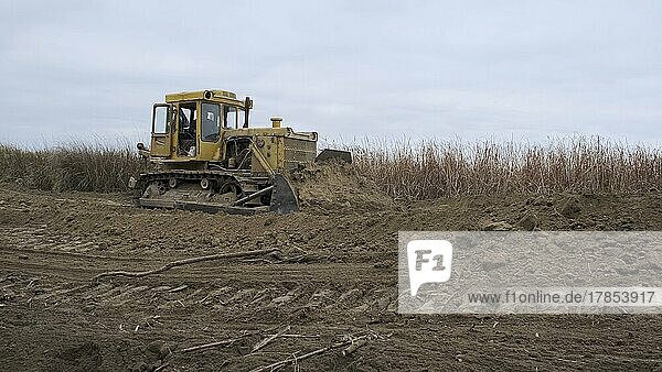 Bulldozer beseitigt Damm im Donaudelta. Nahaufnahme