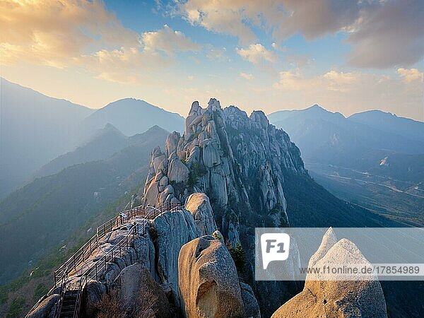 View of stones and rock formations from Ulsanbawi rock peak on sunset. Seoraksan National Park  South Corea