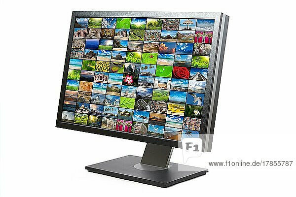 Moderner LCD-HDTV-Bildschirm mit Bildergalerie vor weißem Hintergrund