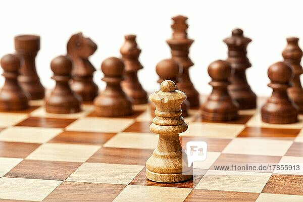 Ein König gegen alle  hölzerne Schachfiguren auf einem Schachbrett. Selektiver Fokus  geringe Schärfentiefe
