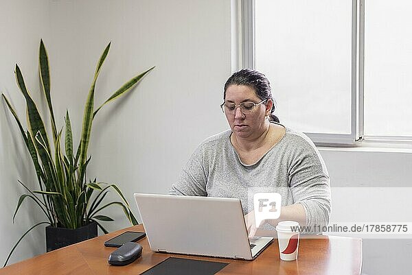 Porträt einer Frau mittleren Alters  die im Büro an ihrem Laptop arbeitet