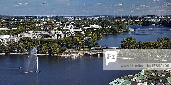 City view from above with the Inner Alster and the Outer Alster  Hamburg  Germany  Europe