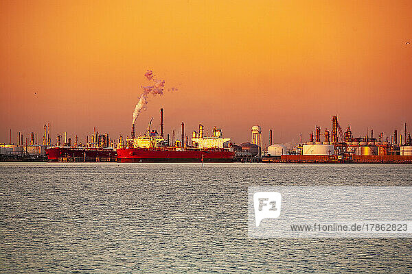 Tankers and refinery at sunset at the Texas City  Texas docks