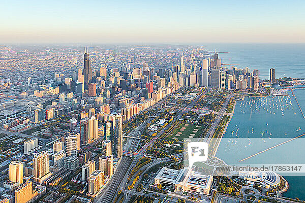 Chicago  Illinois - Skyline at Sunrise Aerial