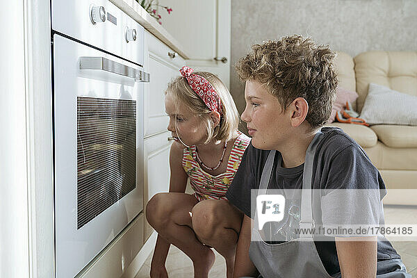 Children look into the oven and wait for the food to be cooked.