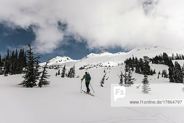 A man skis in the Goat Rocks Wilderness in Washington State.
