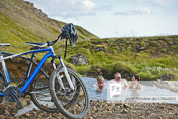 Bikers having a bath at Reykjadalur