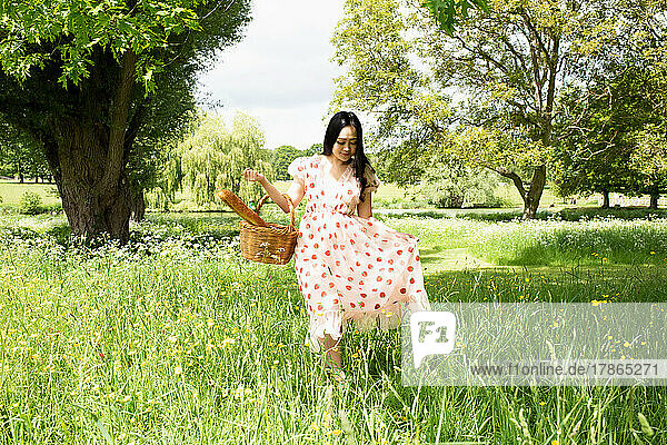 beautiful Asian woman walking in a field with picnic basket in summer