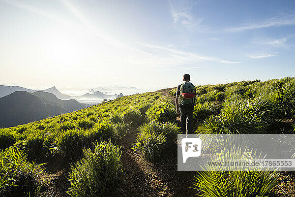 Beautiful view to man with backpack hiking on rainforest mountain top