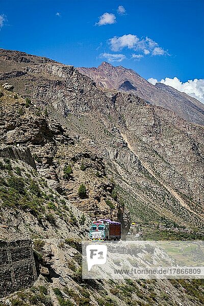 Manali-Leh road in Indian Himalayas with lorry. Himachal Pradesh  India  Asia