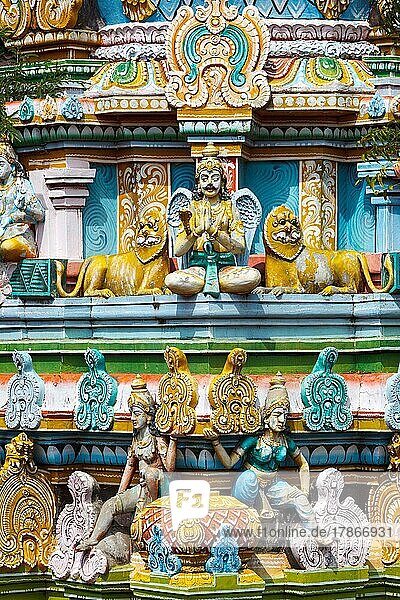 Sculptures on Hindu temple gopura (tower) . Sri Ranganathaswamy temple. Madurai  Tamil Nadu  India  Asia