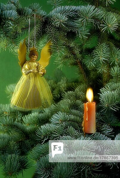 Weihnachtsengel hängt am Christbaum  brennende Kerze  Weihnachtszeit  Advent  Christmas angel hangs on the Christmas tree  burning candle  yule tide