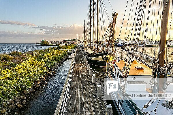 Wooden jetty with sailing ships in the sunset  Urk  Ijsselmeer  Netherlands