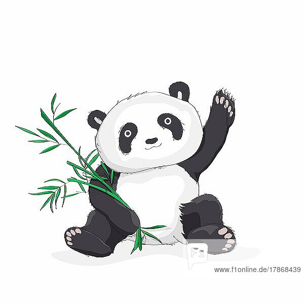 Vektor Skizze Illustration eines Pandabären winken hallo und hält Bambusblätter