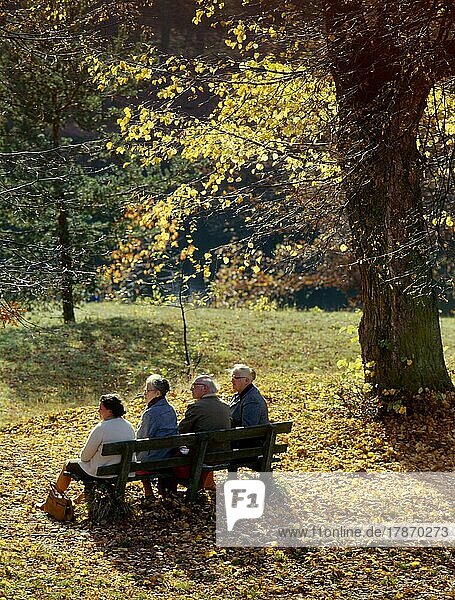 4 Ältere Leute auf Parkbank im Herbst