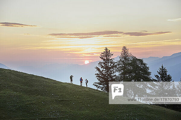 Wanderer stehen auf einem Berg neben Bäumen  Mutters  Tirol  Österreich