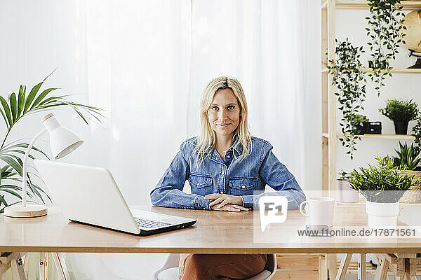 Young businesswoman sitting with laptop at desk in home office
