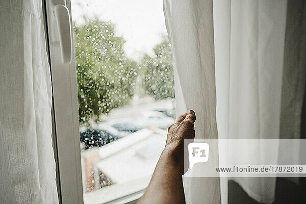 Hand of woman sliding curtain by window at home