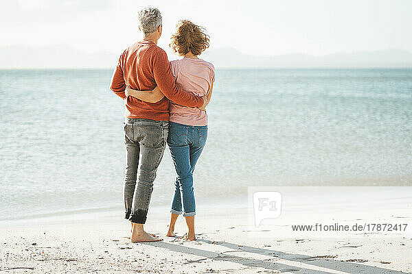 Loving mature couple with arms around each other standing on shore at beach