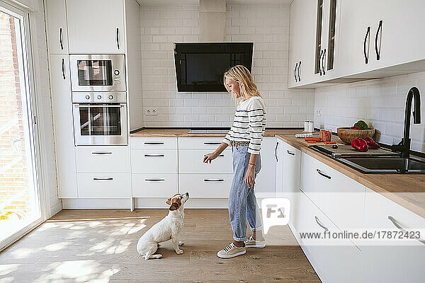 Frau füttert süßen Hund in heimischer Küche