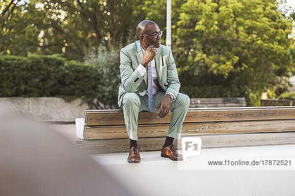Mature businessman sitting on bench in park