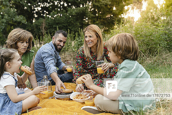 Happy family eating together during picnic in park