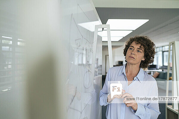 Businesswoman with curly hair looking at whiteboard in office