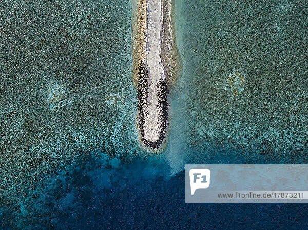 Maldives  Kaafu Atoll  Himmafushi  Aerial view of retaining wall at end of sandy peninsula