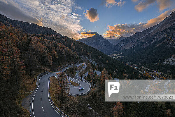 Switzerland  Grisons  Sankt Moritz  View of Maloja Pass road at autumn dusk