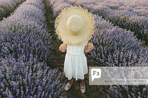 Girl hiding face with hat standing in lavender field