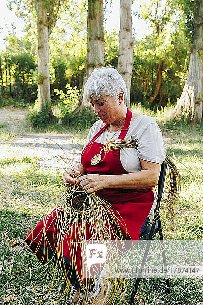 Mature artisan weaving esparto grass in garden
