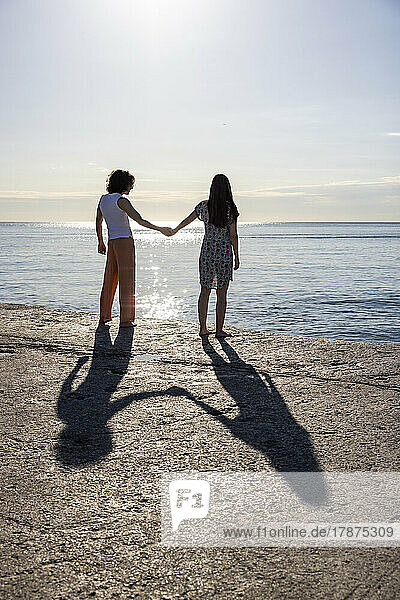 Young couple holding hands on pier looking at sea