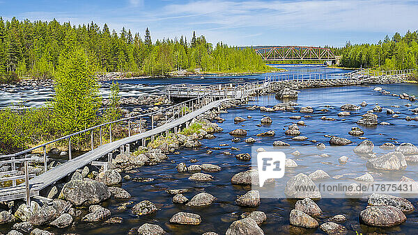 Sweden  Norrbotten County  Boardwalk stretching across river Slagnas in summer