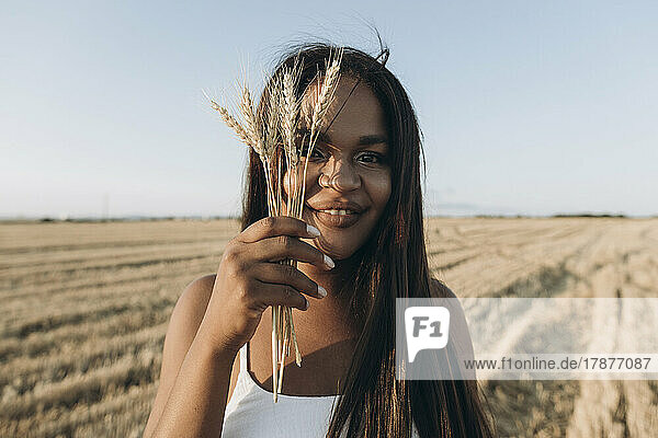 Smiling woman holding wheat crop in front of face at farm