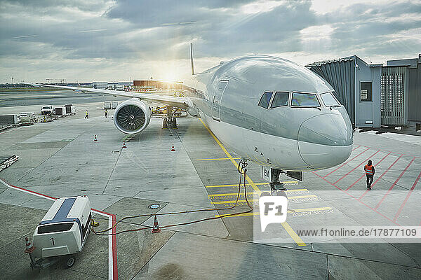 Germany  Hesse  Frankfurt  Commercial airplane waiting on airport tarmac
