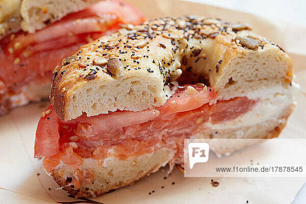 Close-up of bagel with lox and cream cheese