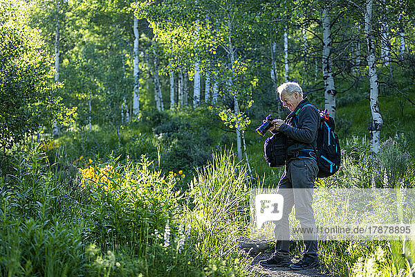 United States  Idaho  Senior man photographing while hiking in Sun Valley