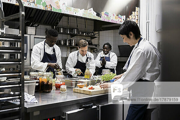 Multirassische Köche arbeiten in der Großküche eines Restaurants