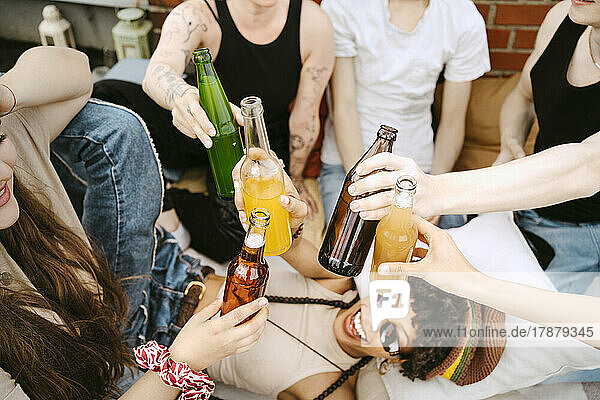 Multiracial friends toasting beer bottles