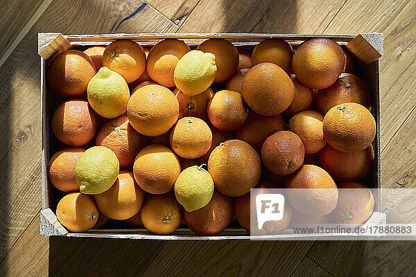 View from above still life fresh lemons and oranges in crate