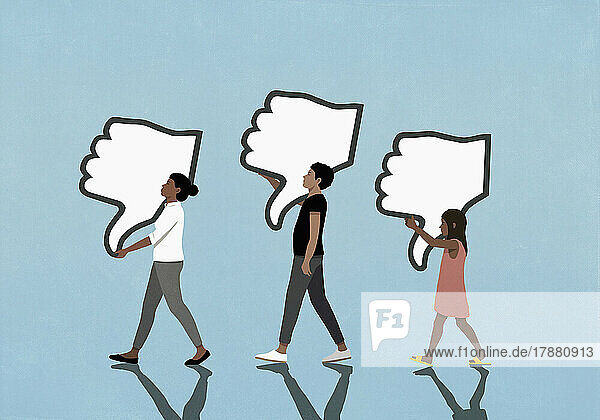 People carrying social media dislike buttons on blue background