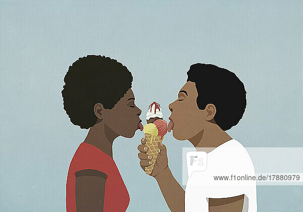 Couple sharing ice cream cone