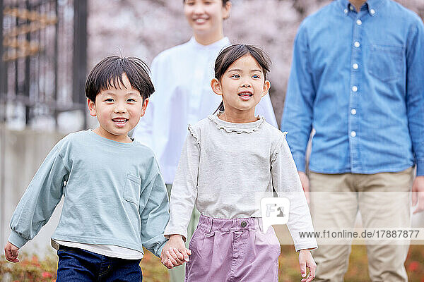 Japanese family with blooming cherry blossoms