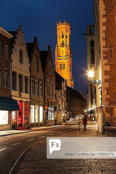 Bruges street in night. Belfry in background. Bruges  Belgium  Europe